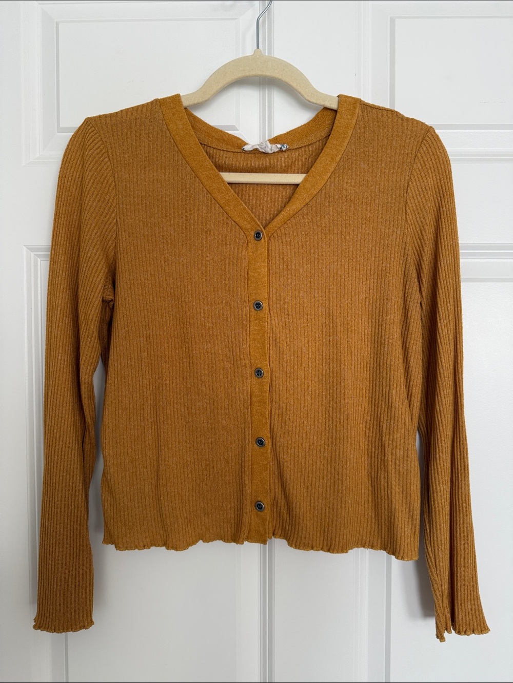 Pink Rose Ribbed V-Neck Button Front Sweater Top in Mustard Yellow/Brown